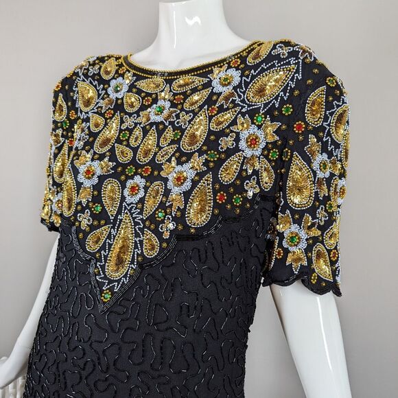 Leslie Fay Beaded Cocktail Dress Black Gold 16 Vintage Glam - Picture 2 of 10